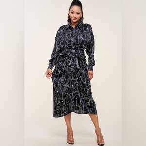 Elegant Black Patterned Women's Dress with Tie on Waist